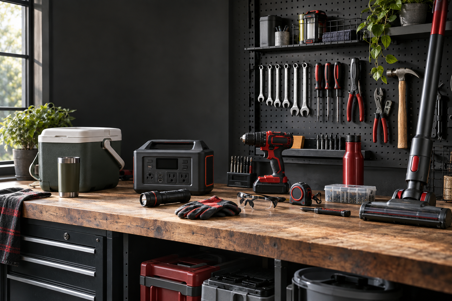 An organized workbench with tools, preparedness gear, a cooler, and cleaning equipment